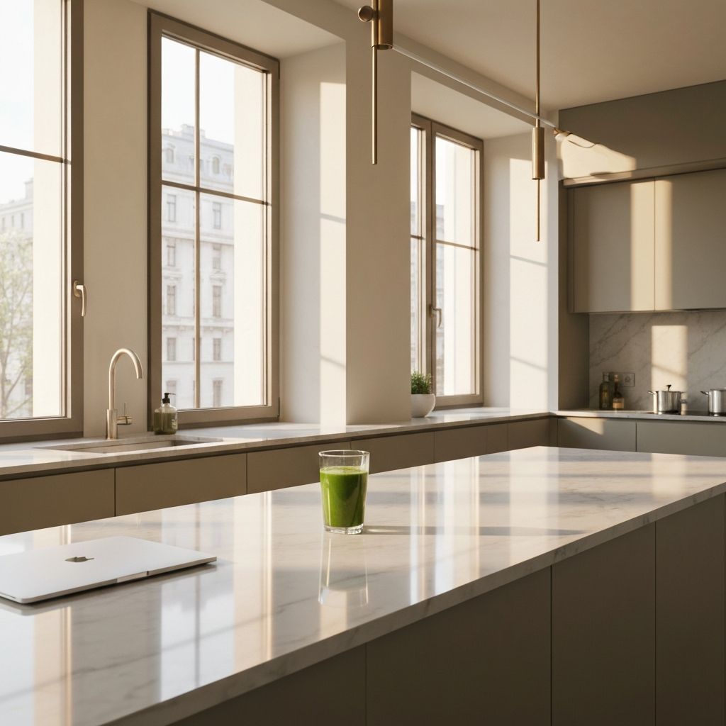 Moderan beogradski stan sa prozorima, glatka sa kuvine, piće od voća i laptop